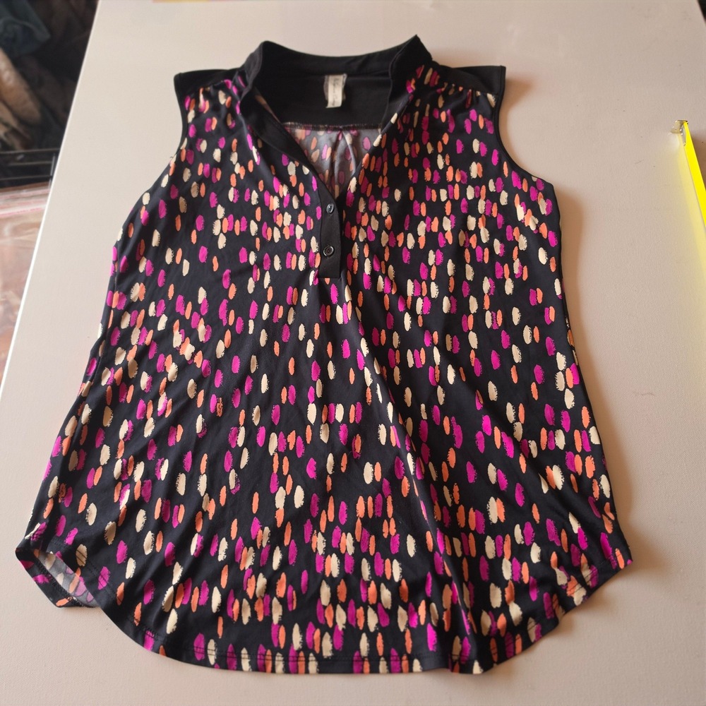 PerSeption Concept Womens Black Pink Abstract Print Mock Neck Sleeveless Blouse
